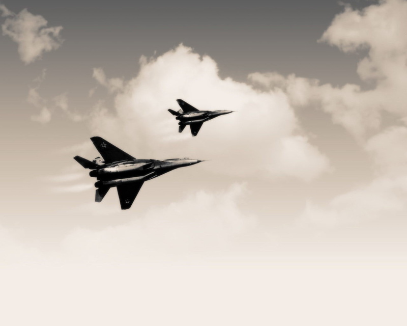 air vehicle, plane, military airplane, transportation, nature, gray, two, flying, mig-29, silhouette, military aircraft, military, on the move, low angle view