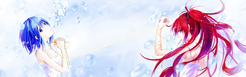 red, art and craft, blue, selective focus, streamer, anime, water, studio shot, Sakura Kyoko, indoors, craft, Mahou Shoujo Madoka Magica, choice, tangled