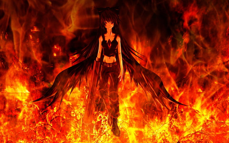 blurred motion, demon - fictional character, fire - natural phenomenon, Reiuji Utsuho, 720P, outdoors, orange color, warning sign, burning, anime, fire