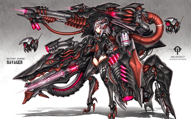 robot, futuristic, anime girls, text, black color, abundance, wall - building feature, no people, GiA, mechamusume, silver colored, technology, red, creativity