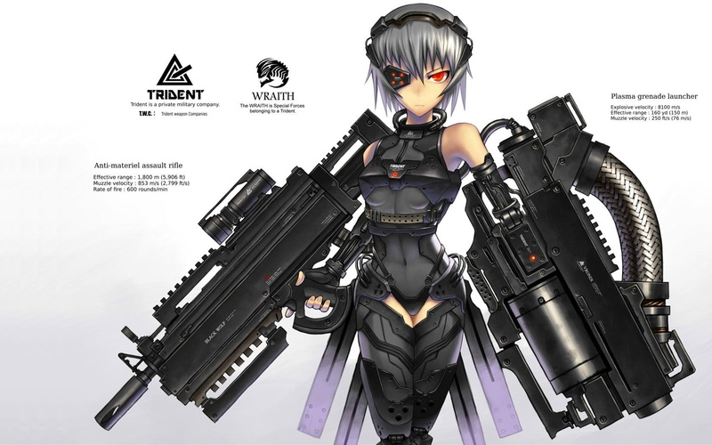 studio shot, indoors, weapon, three quarter length, assault rifle, uniform, gun, government, futuristic, 720P, anime, clothing, security, rifle, one person