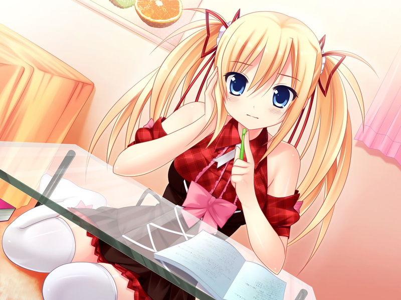 skirt, real people, representation, Mecha-con!, lifestyles, three quarter length, anime girls, red, girls, portrait, day, 720P, women, sitting, blue eyes
