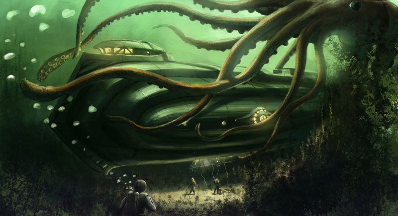 art, Nautilus, green, sea, boat. Underwater, bottom, Jules Verne, Octopus, ocean, 4K, water