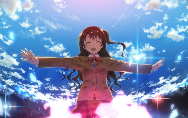 sky, freedom, human limb, 1080P, happiness, leisure activity, anime girls, nature, human arm, front view, school uniform, one person, day, arms raised
