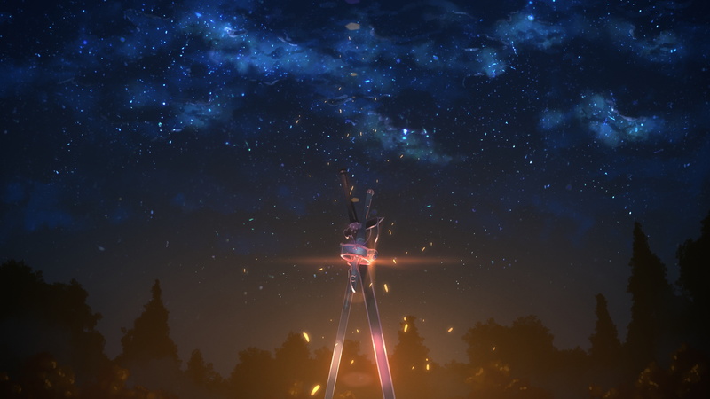 firework, architecture, glowing, sky, astronomy, sword, low angle view, space, Sword Art Online, building exterior, firework display, scenics - nature