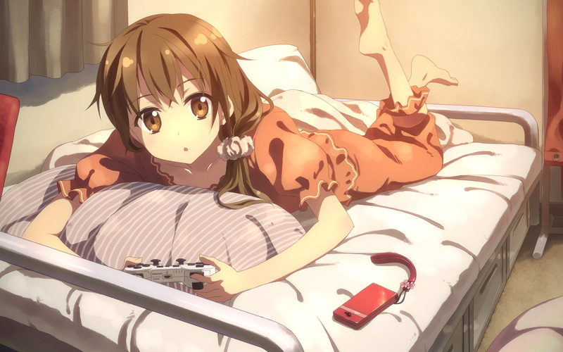 phone, bed, girl, yuuki tatsuya, cell phone, look, lies, gamepad, art, pillow, 2K, joystick