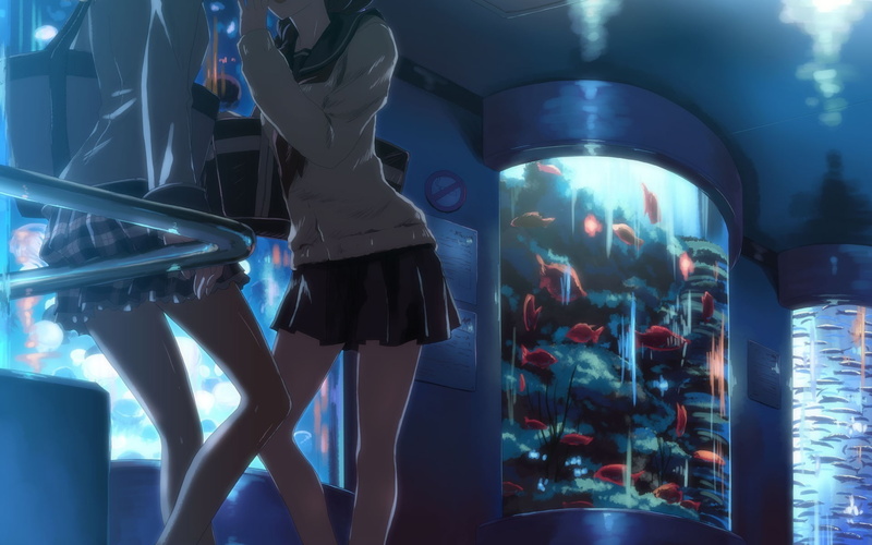 women, food, shopping, anime anime girls school uniform original characters fish schoolgirls legs yuuki tatsuya, store, illuminated, food and drink, retail display