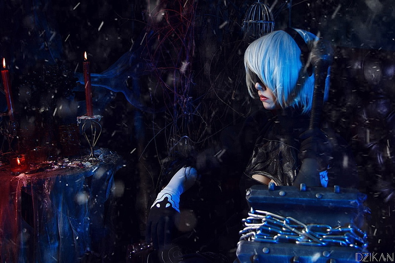 Helly von Valentine, NieR, cosplay, blindfold, white hair, Nier: Automata, model, black dress, 2B (Nier: Automata), 720P, Disharmonica
