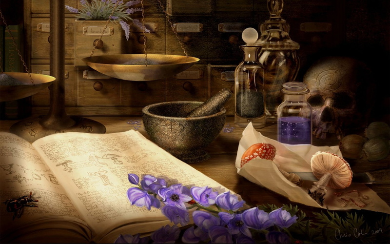 fantasy, domestic room, purple, no People, bottle, fragility, beauty Treatment, table, figure, food and drink, flower head, towel, bowl, retro Styled, witchcraft