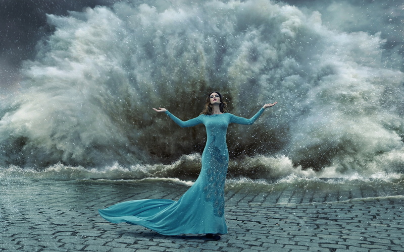 Blue, Gesture, Splash, Storm, Dress, Peacock, Water, 2K, Girl