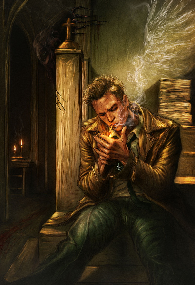 drawing, portrait display, cigarettes, Constantine, 2K, digital art, Hellblazer, Vamkire Trannel, smoking, John Constantine, fan art
