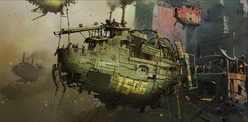 nature, outdoors, Steampunk, abandoned, Sci Fi, day, digital composite, sky, multicolored, nautical vessel, gray, metal, machinery, travel, industry, reflection