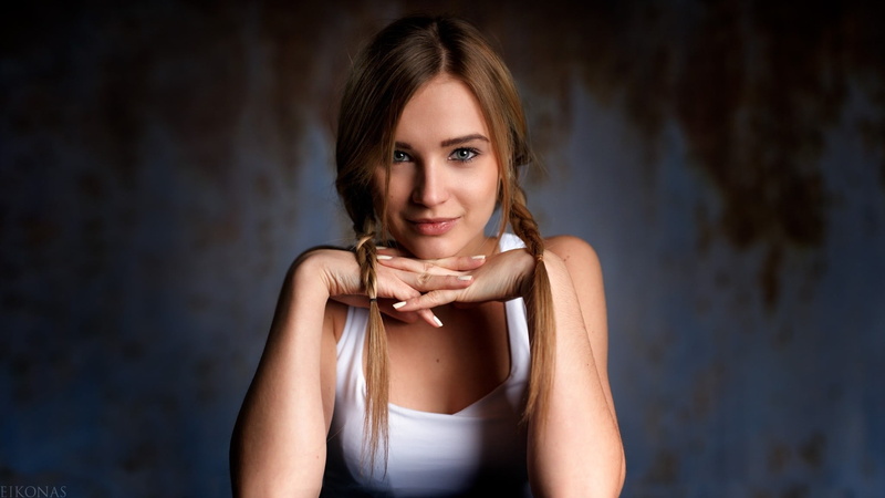 beautiful woman, women, pigtails, blue eyes, young adult, hairstyle, 1080P, indoors, one person, smiling, young women, clothing, portrait, hair, waist up