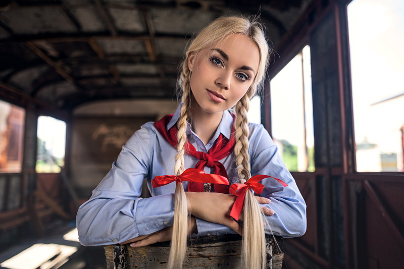 indoors, women, day, one person, shirt, casual clothing, pigtails, young women, beauty, blond hair, focus on foreground, real people, young adult, blonde