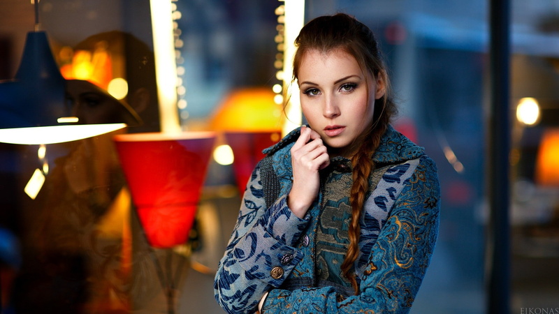 waist up, focus on foreground, illuminated, night, adolescence, lamp, electric lamp, lighting equipment, young adult, pigtails, clothing, hairstyle, women