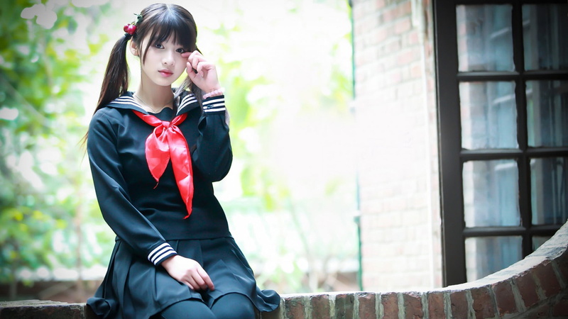 hair, window, long hair, pigtails, 1080P, beauty, women outdoors, females, teenager, looking at viewer, Asian, uniform, sitting, black clothing, standing