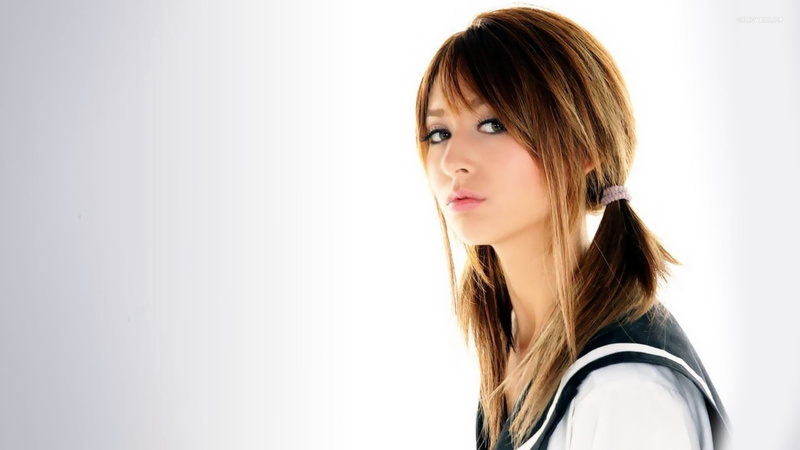 human face, bangs, white background, looking at viewer, portrait, indoors, studio shot, teenager, long hair, beautiful people, copy space, beauty, face