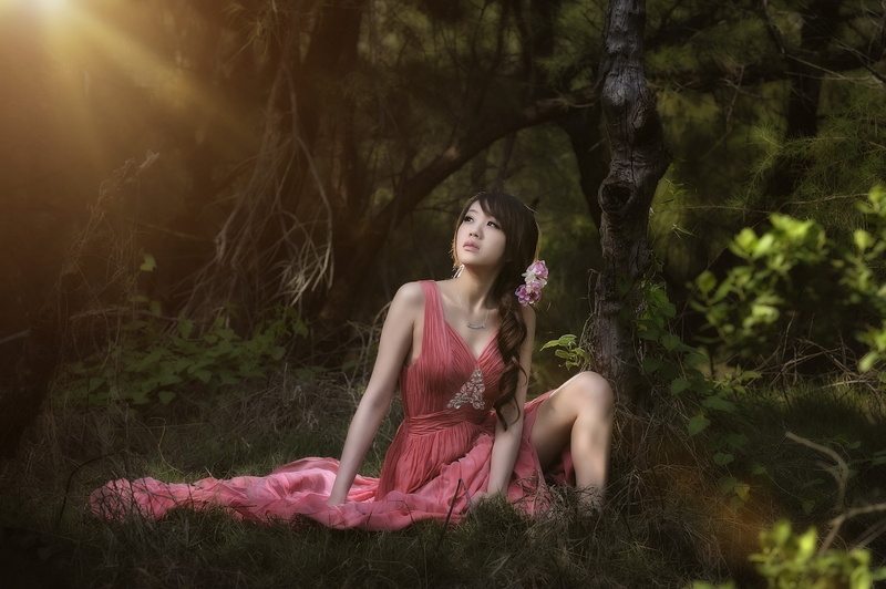 Asian, young adult, women, young women, brunette, clothing, fashion, beauty, tree, pigtails, real people, long hair, 1080P, looking, forest, red dress