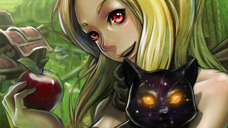 blond hair, 1080P, indoors, woman, headshot, young adult, food, green color, apple, young women, beauty, holding, illustration, portrait, beautiful woman