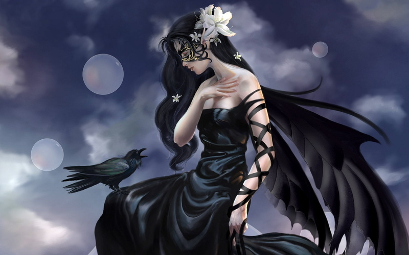girl, anime, fantasy, gril, raven, character, 1080P, haired, black