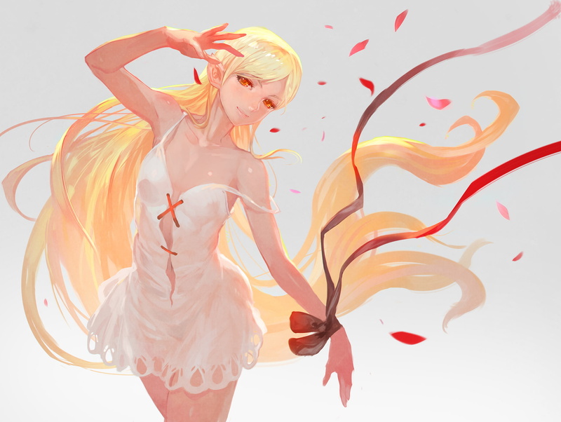 red eyes, fashion, blonde, women, young women, one person, creativity, studio shot, light dress, kizumonogatari, adult, Anime, three quarter length, indoors