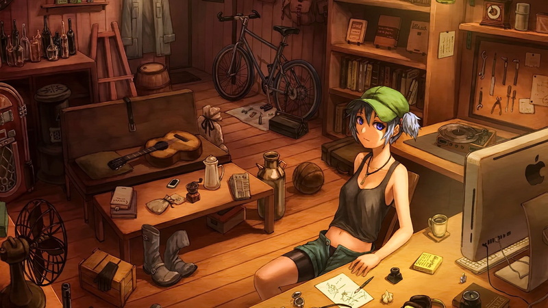 blue eyes, leisure activity, table, anime girls, indoors, young adult, domestic room, real people, occupation, hairstyle, casual clothing, one person, photography themes
