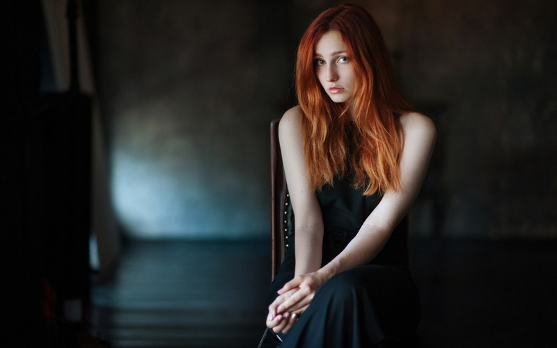 depth of field, beautiful woman, indoors, front view, model, young women, 1080P, adult, redhead, black dress, hair, dyed red hair, Vladislava Masko, looking at viewer