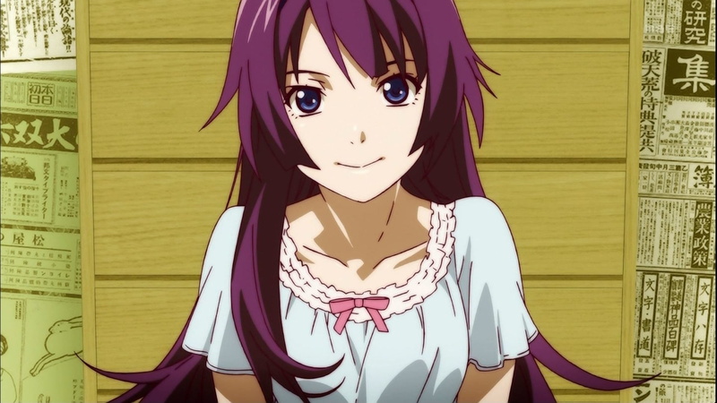 purple hair, hairstyle, real people, white skin, script, standing, blue eyes, Senjougahara Hitagi, lifestyles, representation, leisure activity, built structure