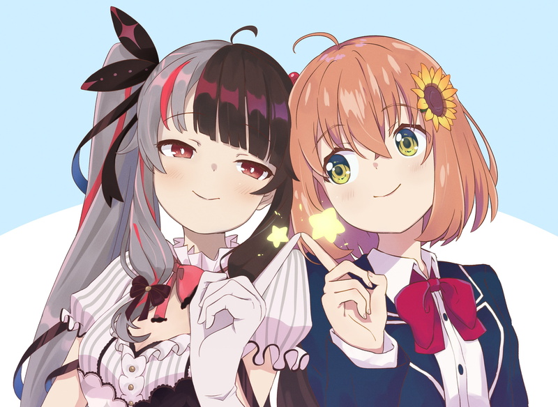 short hair, school uniform, long hair, gloves, flowers, red eyes, green eyes, bicolored hair, bow, redhead, elbow gloves, Nijisanji, blush, twintails, 2K
