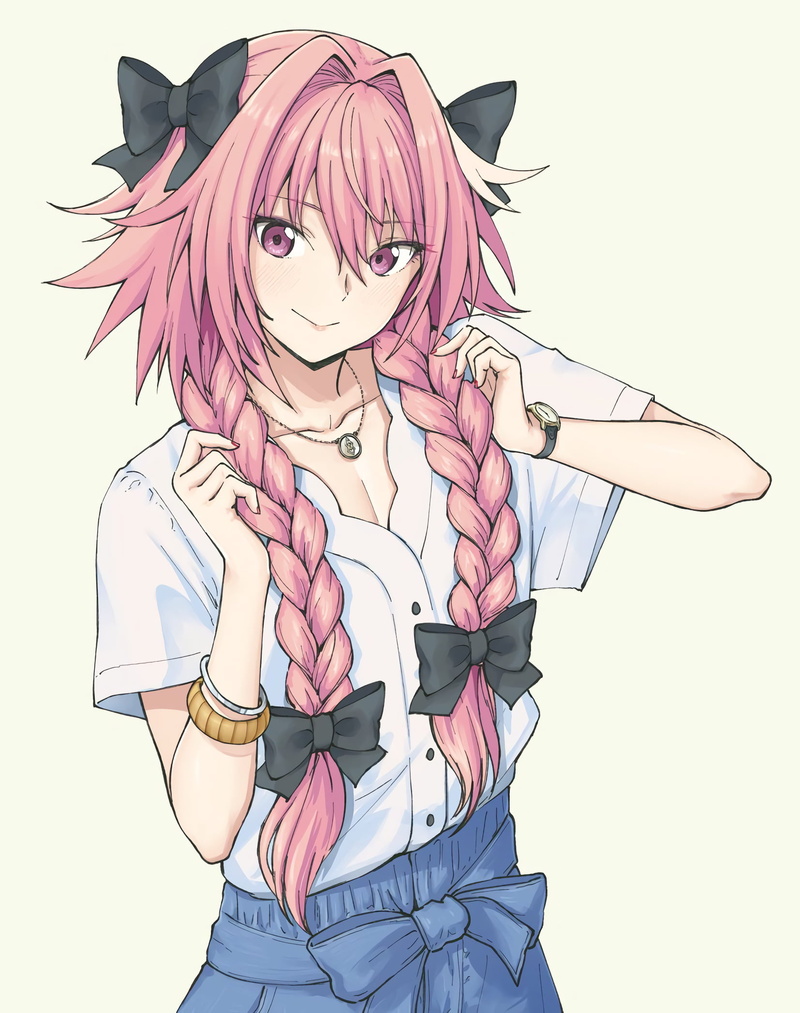 Fate Series, 1080P, alternate outfit, vertical, alternate hairstyle, purple eyes, femboy, black ribbons, casual, white hair, braided hair, Astolfo (Fate/Apocrypha)