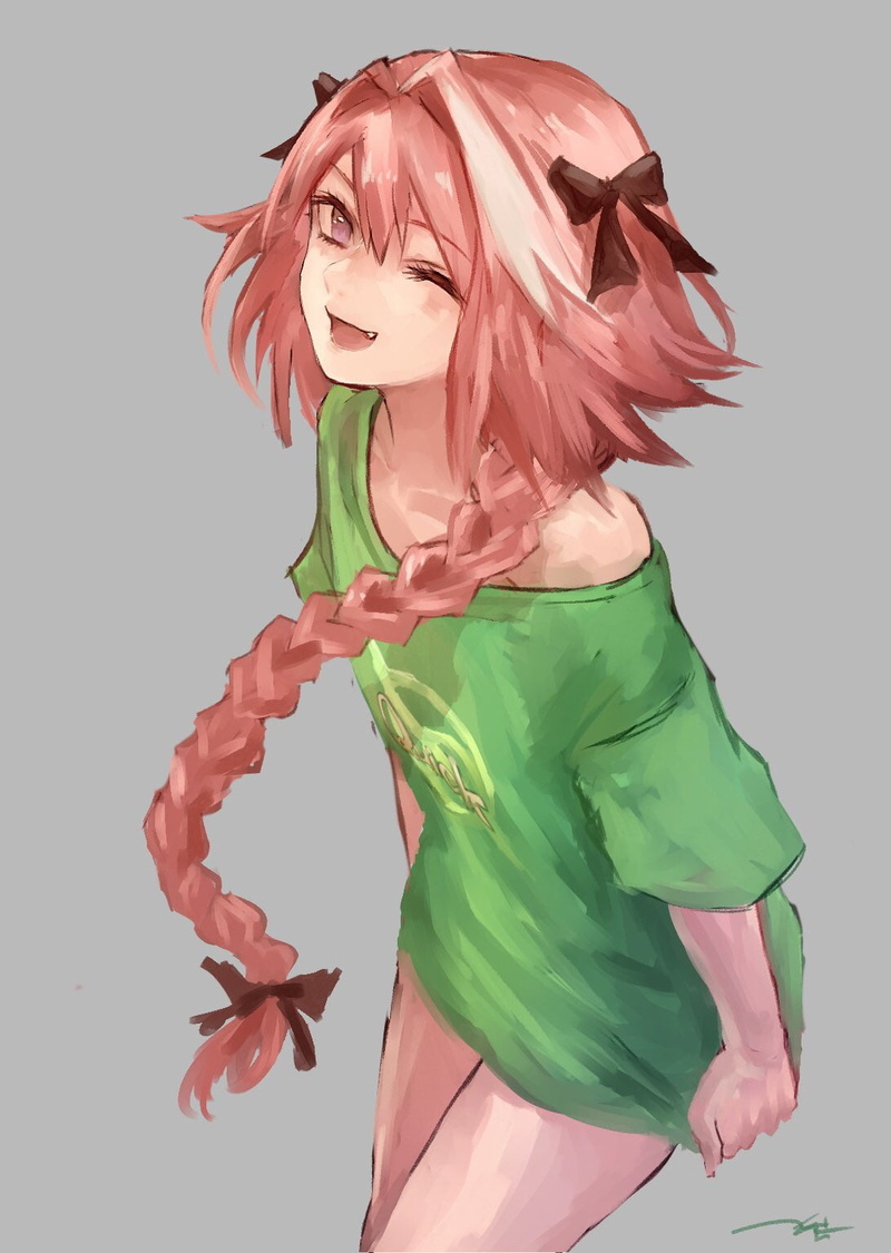 Astolfo (Fate/Grand Order), Fate/Grand Order, thighs, artwork, long hair, solo, Fate/Apocrypha, FGO, smile, french braid, 720P, femboy, green shirt, tugging clothes
