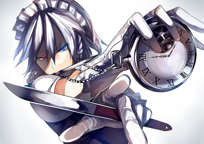 touhou, weapon, zan, bicolored, knife, braids, gloves, headdress, izayoi, 720P, eyes, sakuya, hair, gray