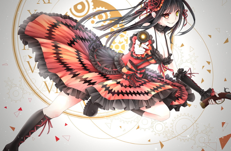 vivianling, tokisaki, bow, long, hair, date, kurumi, gun, bicolored, orange, yellow, choker, weapon, 1080P, eyes, ling, dress, black, live
