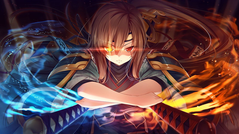 long, katana, hair, magic, eyes, exercitus, sword, ponytail, bicolored, izumo, weapon, kokusan, shita, tou, brown, asakura, game, moyashi, rozea, 720P