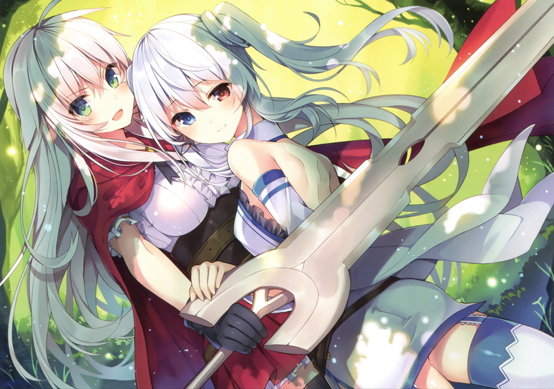 long, gloves, anceril, bicolored, sword, hair, weapon, mishima, scan, twintails, original, 2girls, 250169, 4K, eyes, kurone, sacred, green, konachan, com