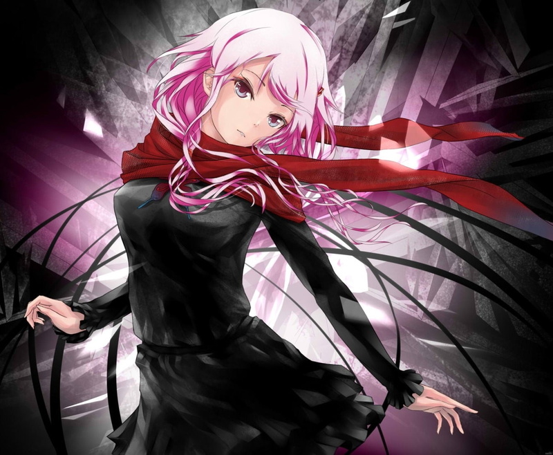 art, eyes, 720P, bicolored, scarf, pink, red, black, hd, hair, Dress, people, girls, Blue Eyes, anime, twintails, long, blue
