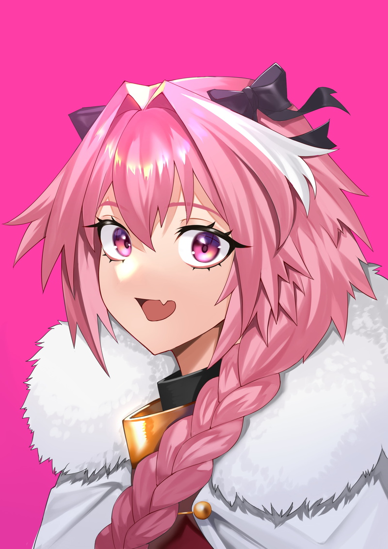 artwork, pink hair, long hair, fangs, bicolored hair, Astolfo (Fate/Apocrypha), 2K, anime boys, 2D, knight, white hair, Fate/Apocrypha, fur trim, simple background