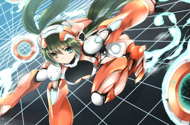 twintails, mechagirl, green, armor, burakyan, long, bicolored, hair, 720P, eyes, original