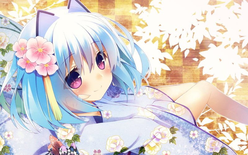 blue, hair, ears, 1000 chan, japanese, clothes, pink, yukata, 1080P, eyes, flowers, kanora, short, animal, bicolored