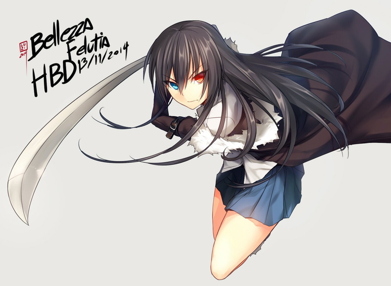 blue, black, red, skirt, gray, bicolored, original, katana, eyes, all, trap, long, felutia, signed, bellezza, sword, 720P, hair, weapon, male