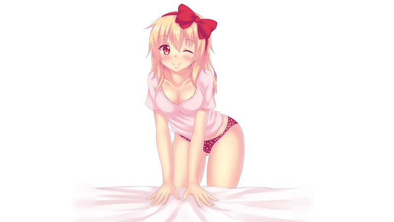long, panties, headband, 2K, white, original, blonde, underwear, cleavage, blush, eyes, ribbons, tiffy, red, breasts, hair, wink, fast-runner-2024