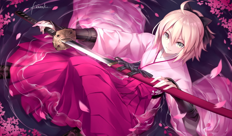 gray eyes, short hair, katana, anime, wet clothing, anime girls, sword, water, 2K, blonde, Sakura Saber