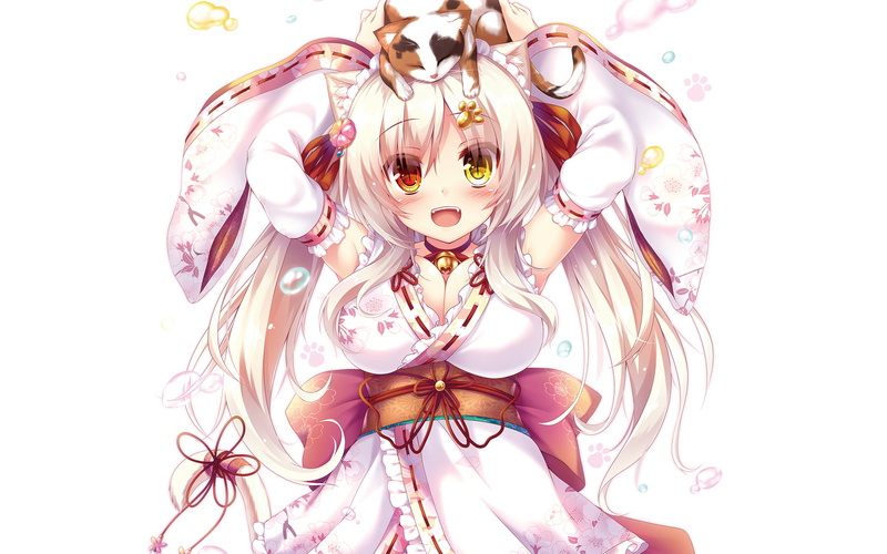 cat, 1080P, yukata, white hair