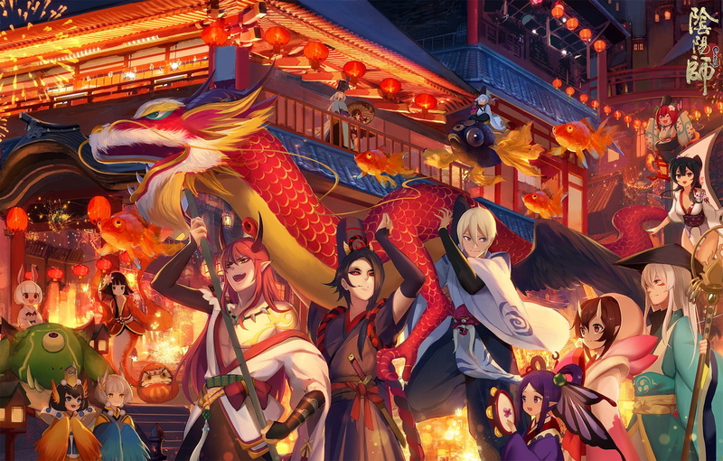 1080P, Fantasy, Dragon, Festival, Yukata, Anime, Lantern, Original, Onmyouji, New Year