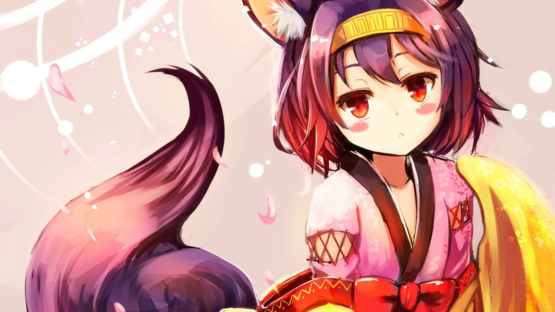 fox girl, anime, No Game No Life, red eyes, fox tail, purple hair, yukata, 1080P, Hatsuse Izuna, simple background, anime girls, hair ornament, blushing