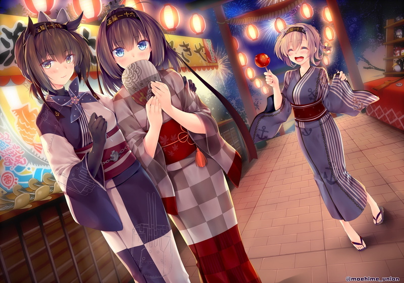 anime girls, fireworks, smiling, 720P, yukata, shrine, festival, lights, Anime