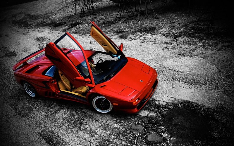 day, land vehicle, outdoors, vignette, nautical vessel, Lamborghini, water, car, no people, road, street, high angle view, doors, red, transportation, 2K