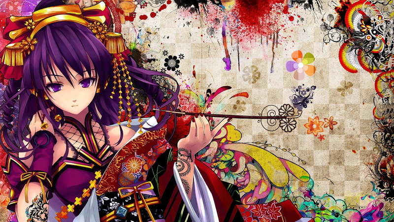 anime girls, architecture, art and craft, Snyp, purple hair, representation, real people, yukata, one person, Beatmania, human representation, indoors