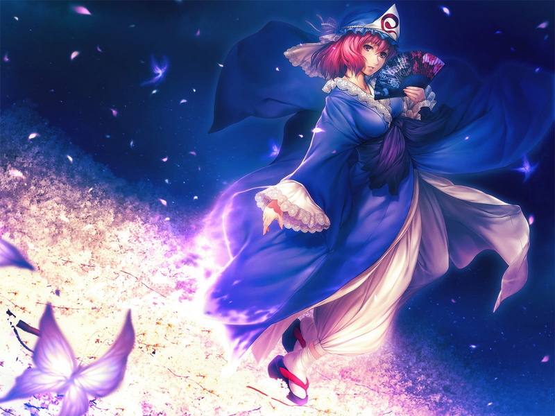 hairstyle, people, real people, anime girls, full length, clothing, water, dancing, beautiful woman, anime, young women, nature, 720P, petals, Saigyouji Yuyuko
