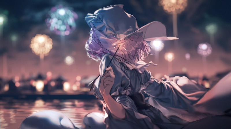 side view, saigyouji yuyuko, arts culture and entertainment, touhou, clothing, night, scenic, profile view, waist up, illuminated, one person, young women
